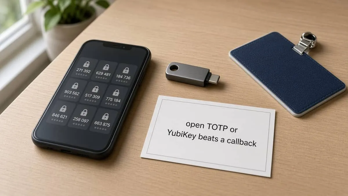 Hardware security key and phone authenticator beside a face-down employee badge