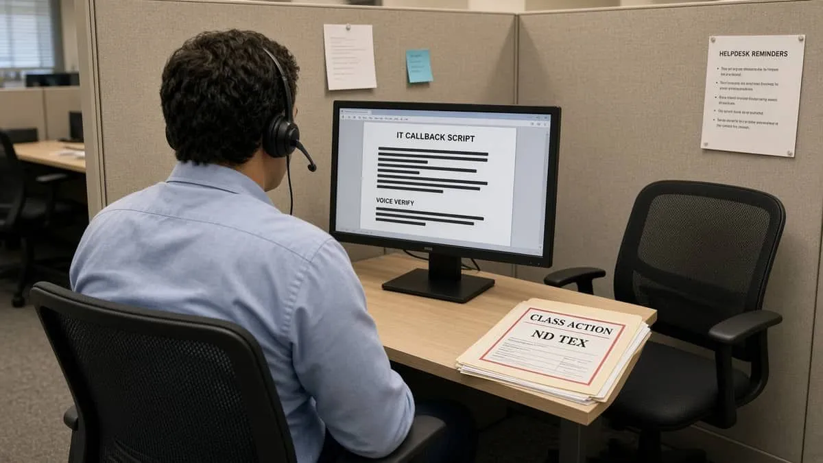 Help-desk cubicle with a headset and a redacted voice-verify script beside a class-action folder