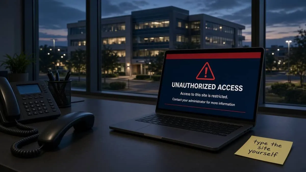 Texas healthcare office at dusk with an off-hook desk phone and a redacted unauthorized-access banner