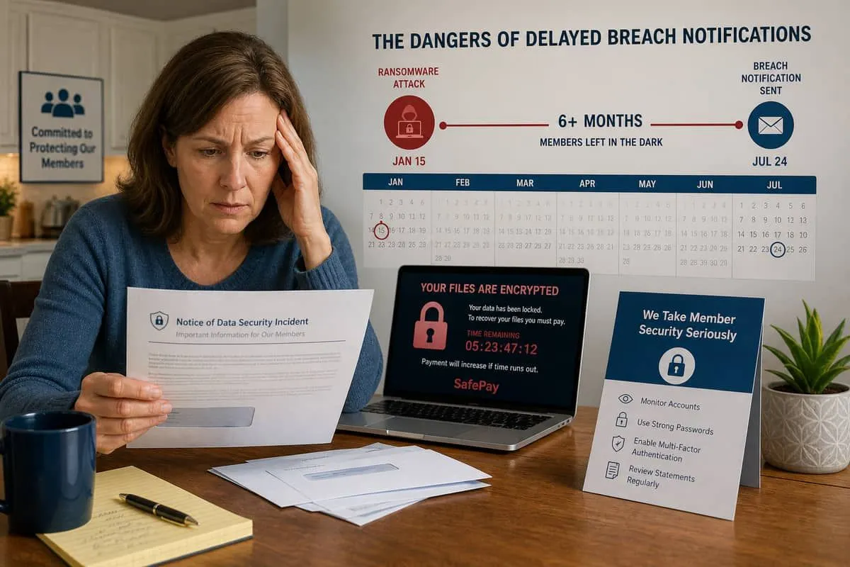 Illustration: credit union member opening delayed breach notification letter months after ransomware attack