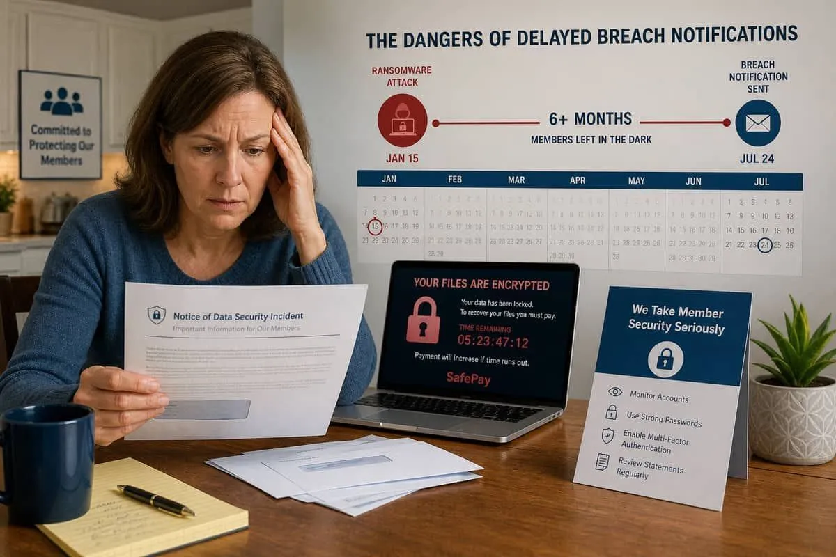 Illustration: credit union member opening delayed breach notification letter months after ransomware attack