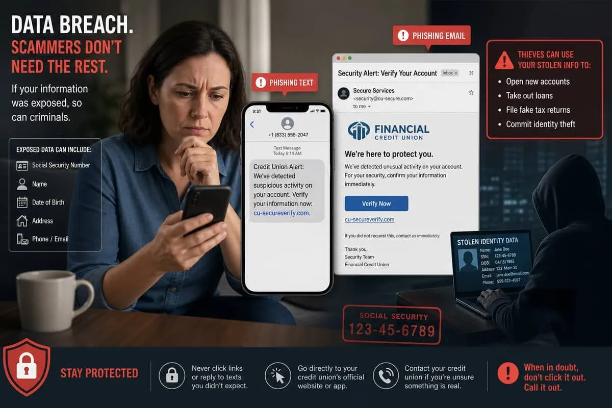 Illustration: credit union member targeted by fake security alert phishing text after data breach