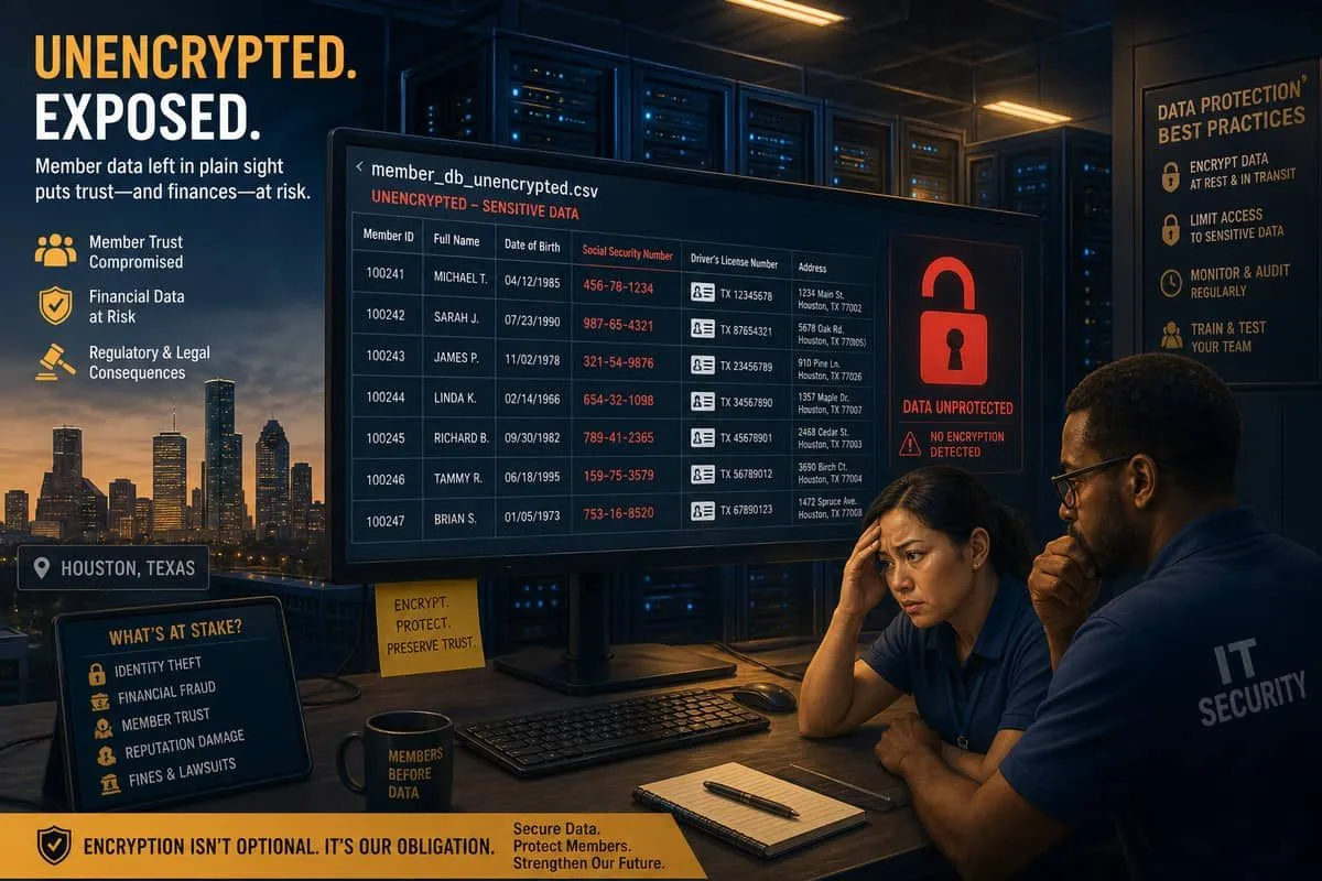 Illustration: credit union server exposing unencrypted member Social Security and financial account data