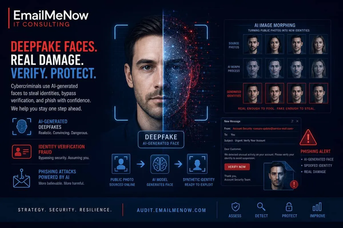 Illustration: AI deepfake likeness used for identity verification fraud and social-engineering scams