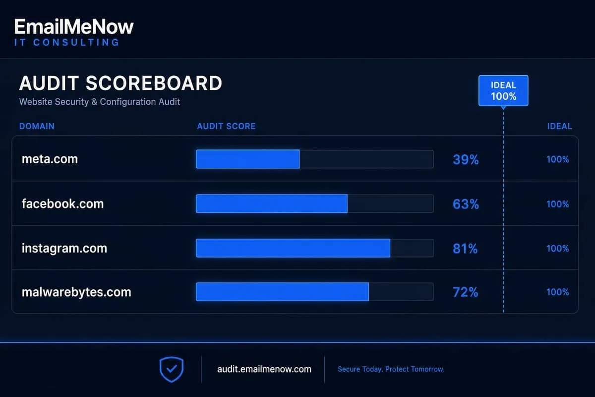 Illustration: domain security audit scoreboard for meta.com facebook.com instagram.com and malwarebytes.com