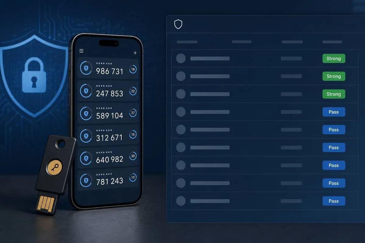 Hardware security key and authenticator app beside an empty MFA directory scoreboard with Strong and Pass grades