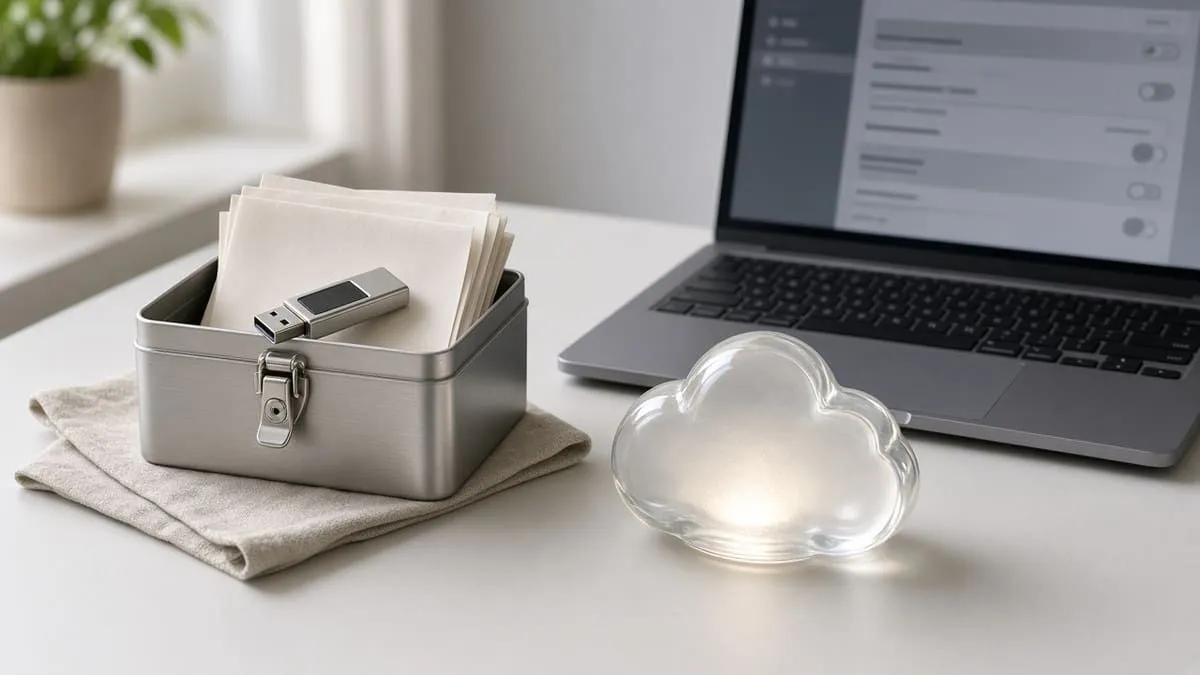 USB drive in a lockbox beside a laptop and a glass cloud paperweight