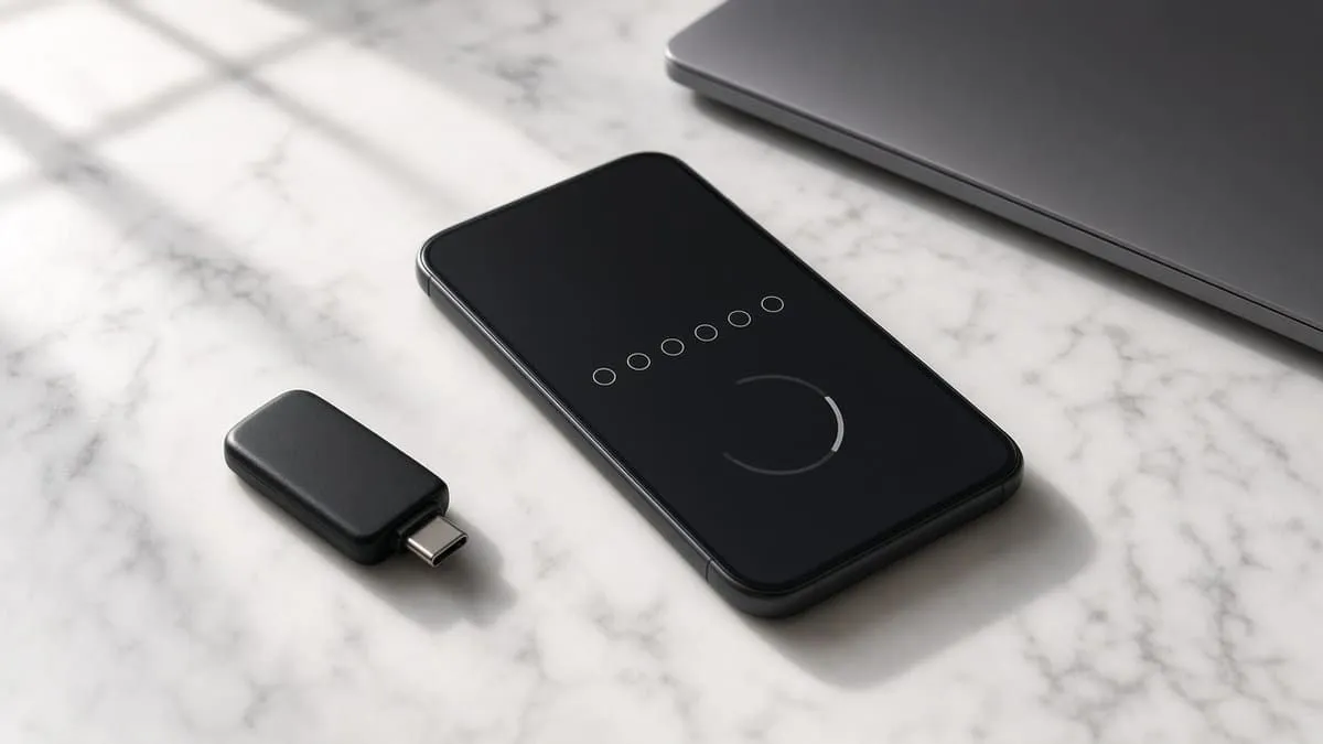 Hardware security key and authenticator phone beside a closed laptop