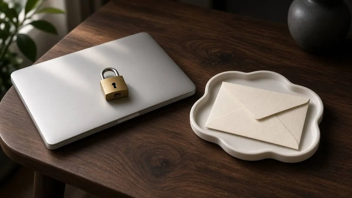 Closed laptop with a padlock beside a sealed envelope in a cloud-shaped tray