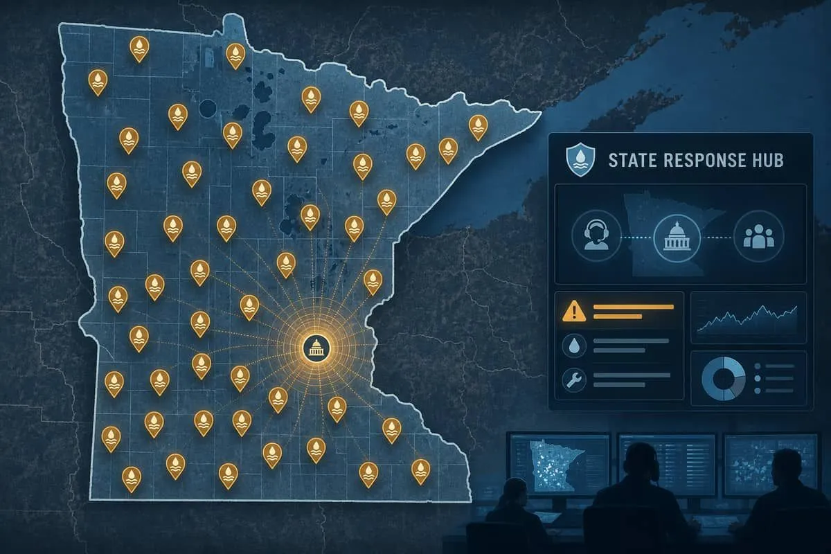 Stylized Minnesota map with amber alerts marking more than thirty community water systems