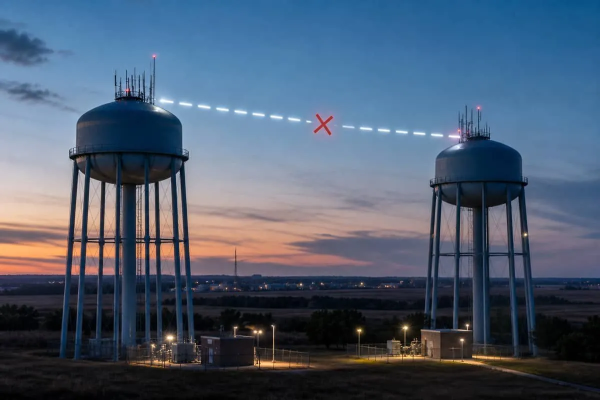 Water towers with interrupted cellular links suggesting lost remote communications