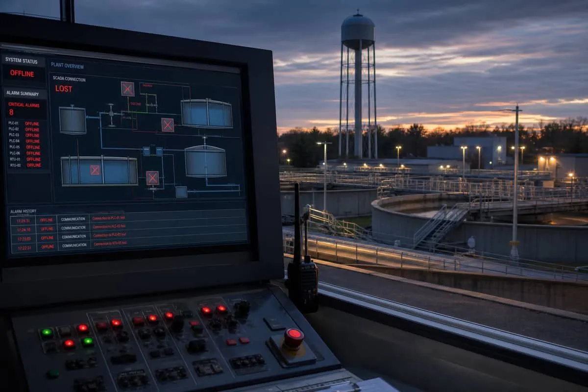 Minnesota community water treatment plant with industrial control screens showing offline OT alerts