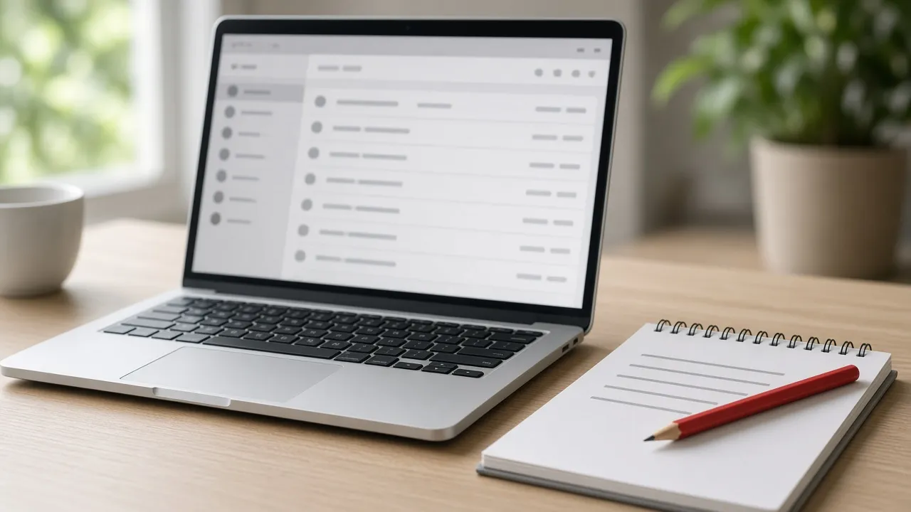 Laptop with a blurred inbox beside a page of gray bars and a red pencil