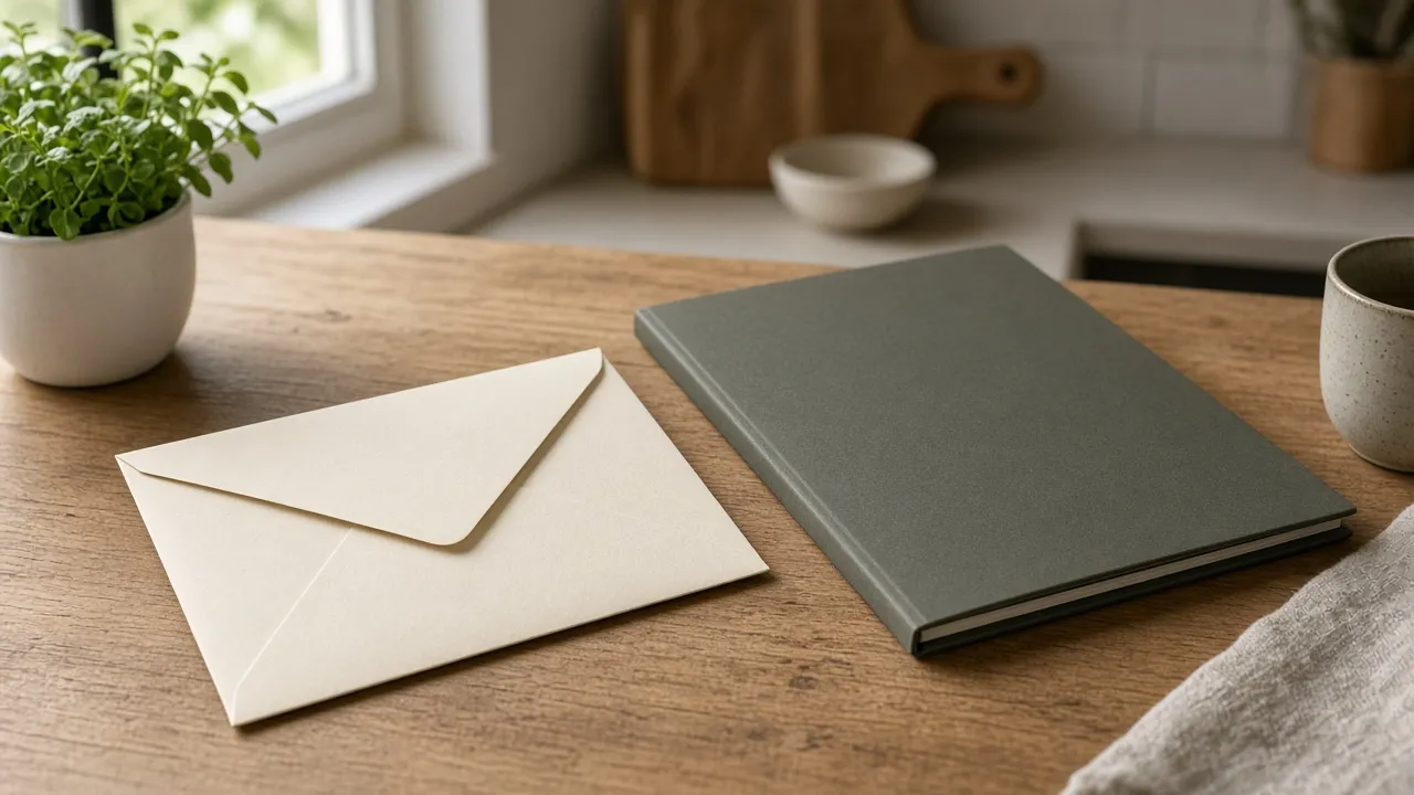 Unopened envelope beside a closed folder