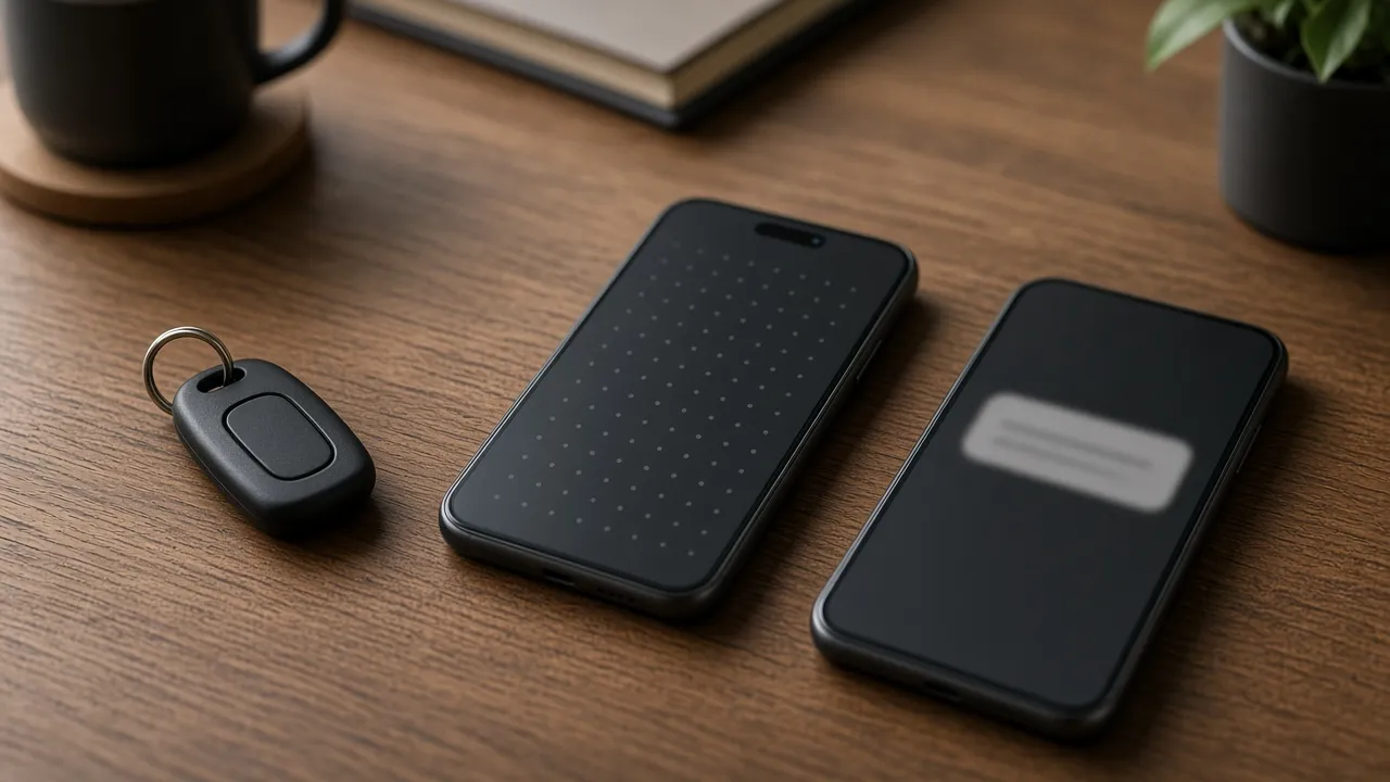 Hardware security key beside a phone with a dot grid and a phone with a blurred message
