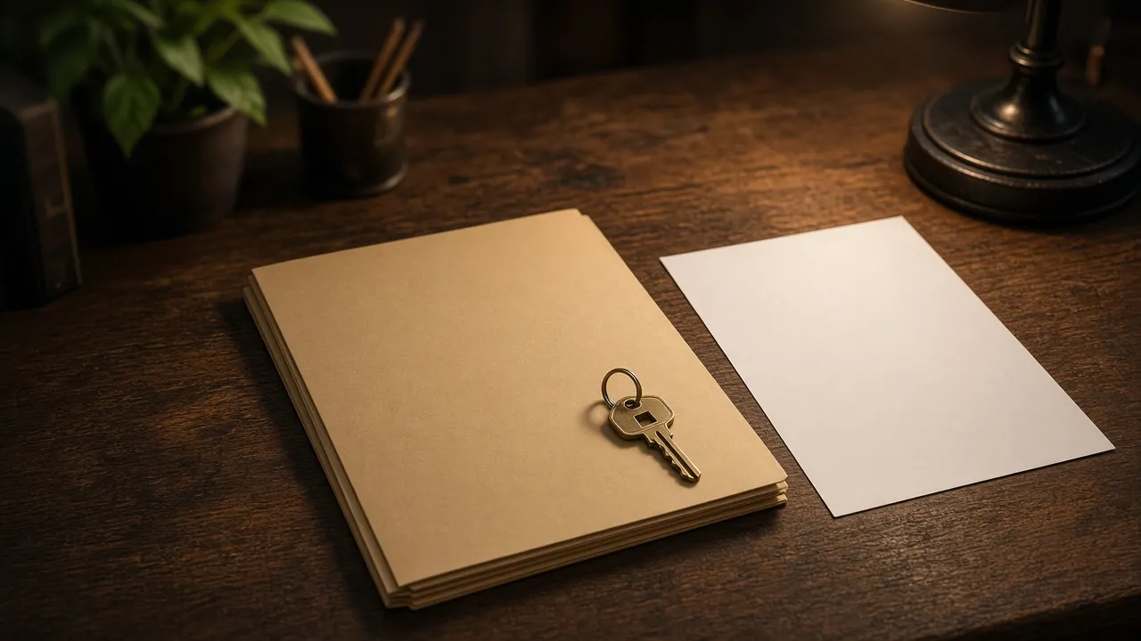 Closed folder and a house key beside a blank sheet of paper