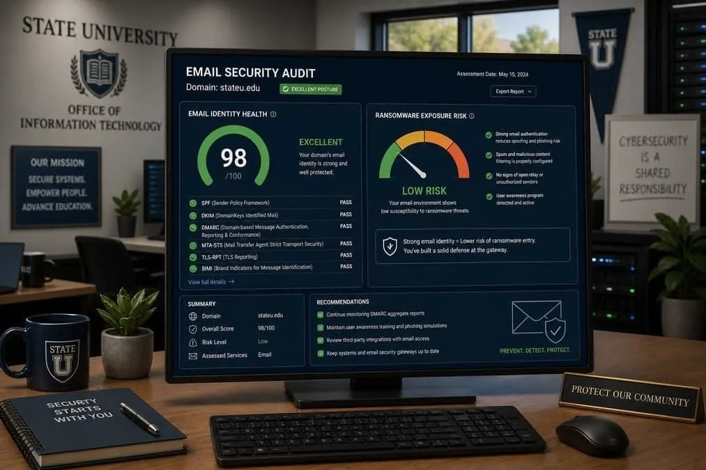 Illustration: monmouth.edu email security audit showing strong identity scores despite ransomware incident
