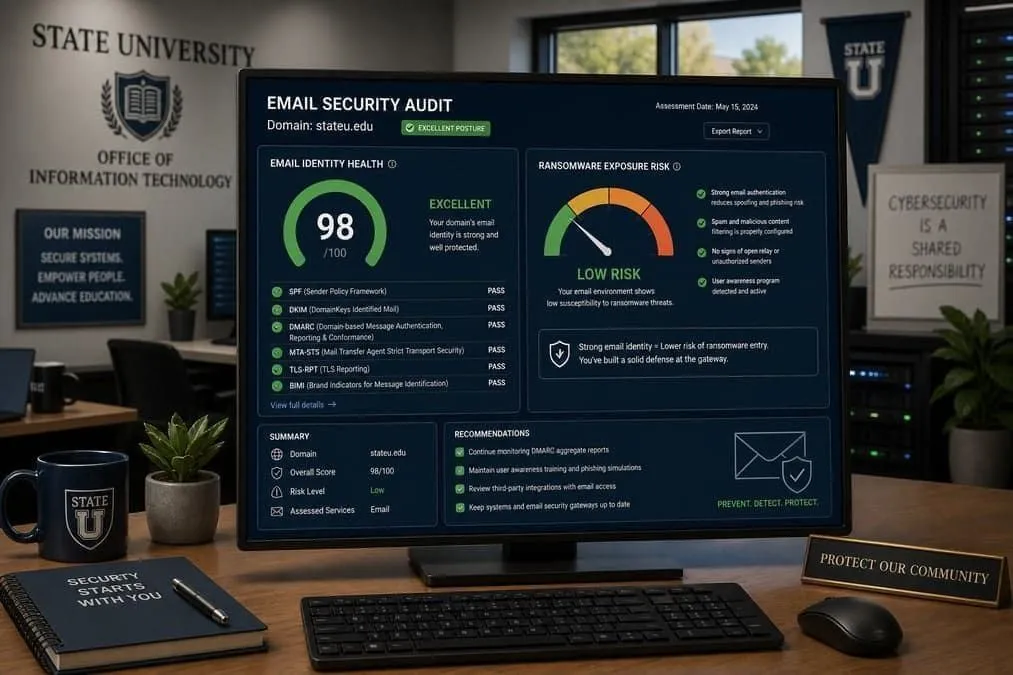 Illustration: monmouth.edu email security audit showing strong identity scores despite ransomware incident