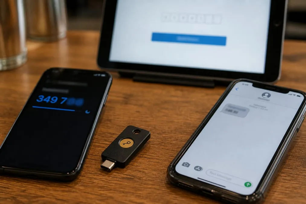 Hardware security key beside phones showing an authenticator code and an SMS code