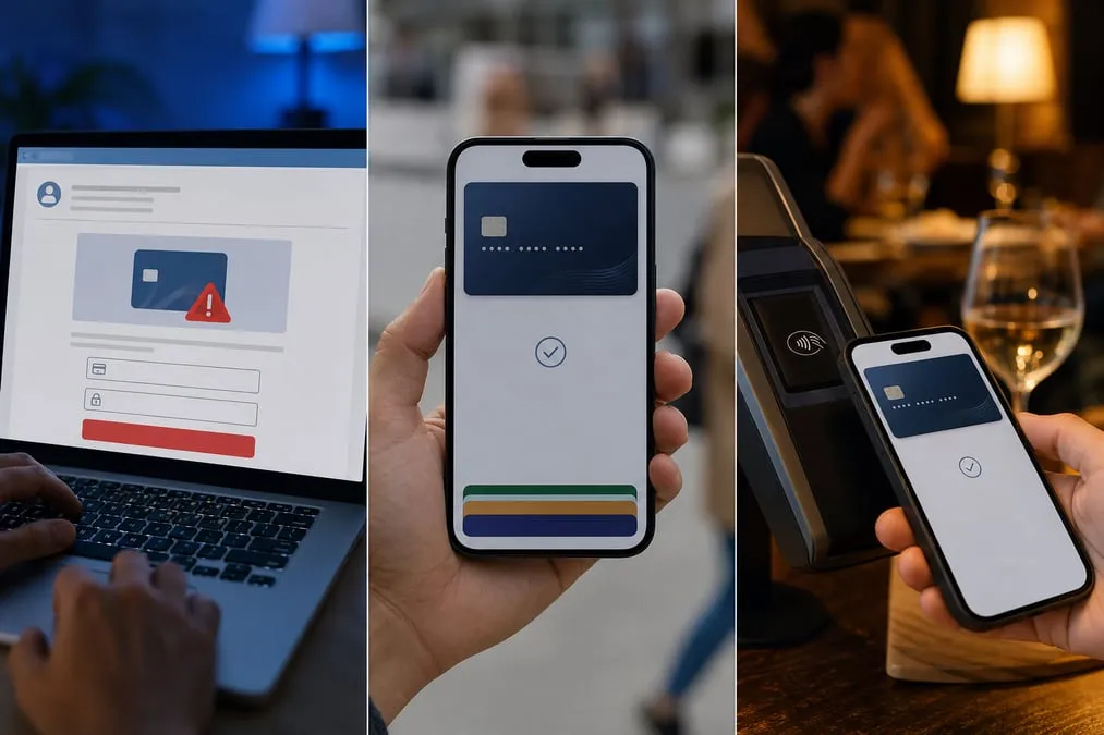 Phishing on a laptop, a card token on a stranger’s phone, then a tap at a restaurant terminal