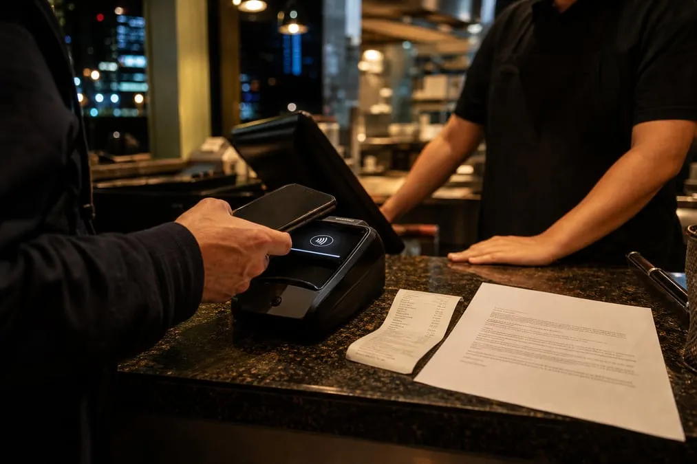 Phone hovering over a restaurant tap-to-pay terminal beside a chargeback dispute letter