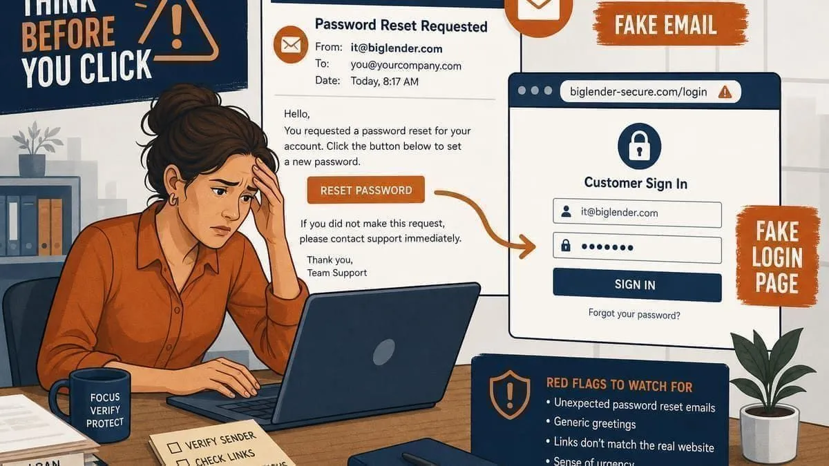 Illustration: loan processor facing a fake lender password reset