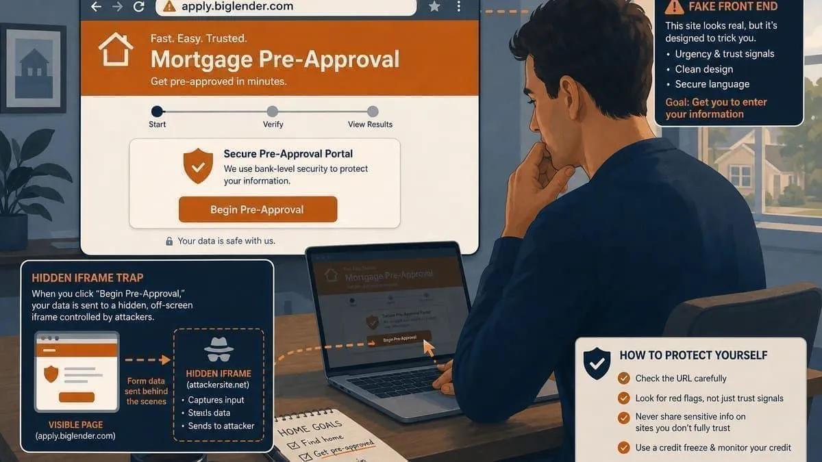 Illustration: homebuyer trapped on a fake mortgage application page