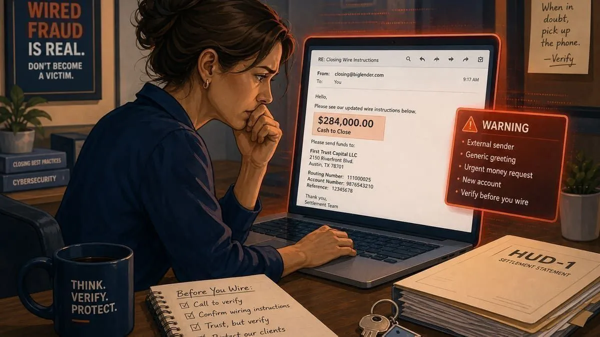 Illustration: closing coordinator reviewing fraudulent wire instructions