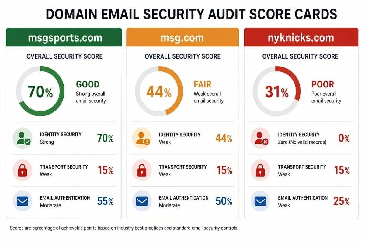 Illustration: split email security posture across msgsports.com, msg.com, and nyknicks.com