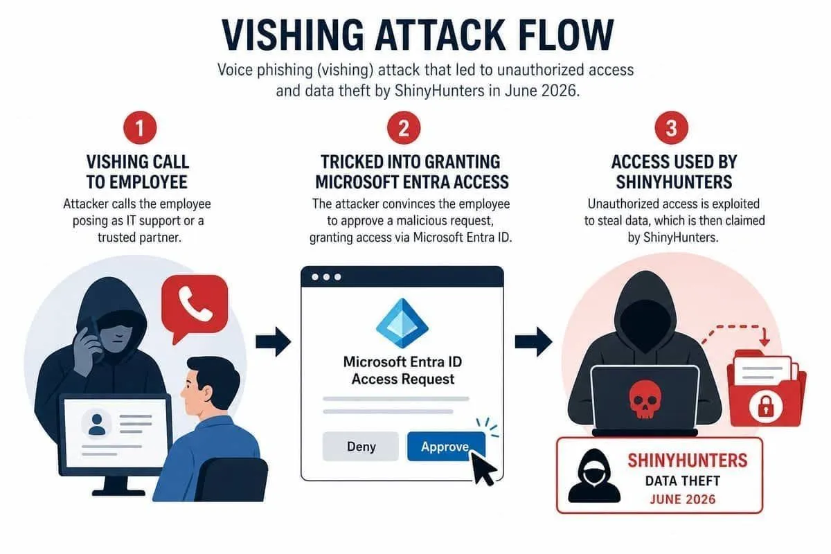 Illustration: vishing attack on MSG employee granting ShinyHunters access to Microsoft Entra