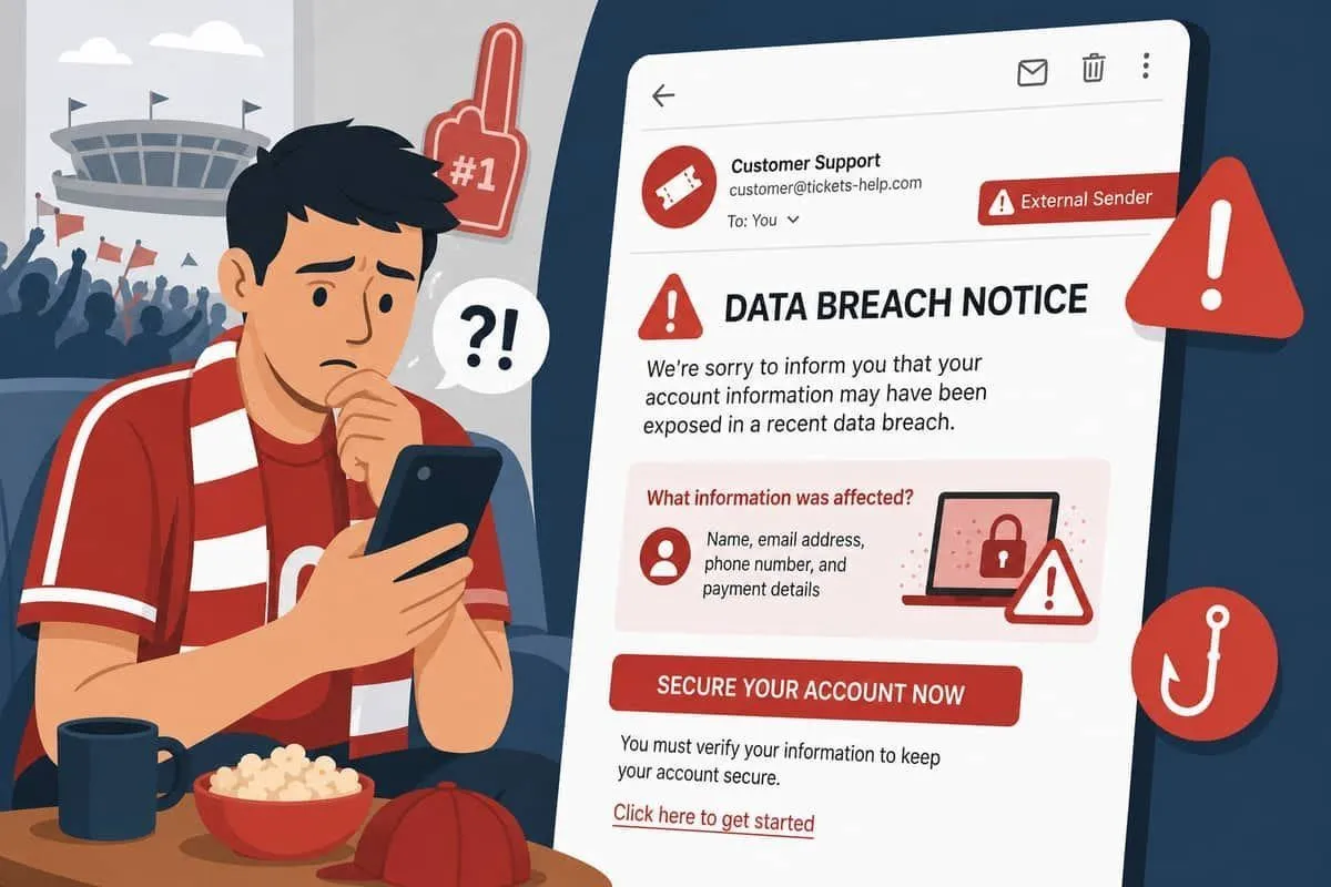 Sports fan receiving fake breach notification and ticket refund phishing message on smartphone