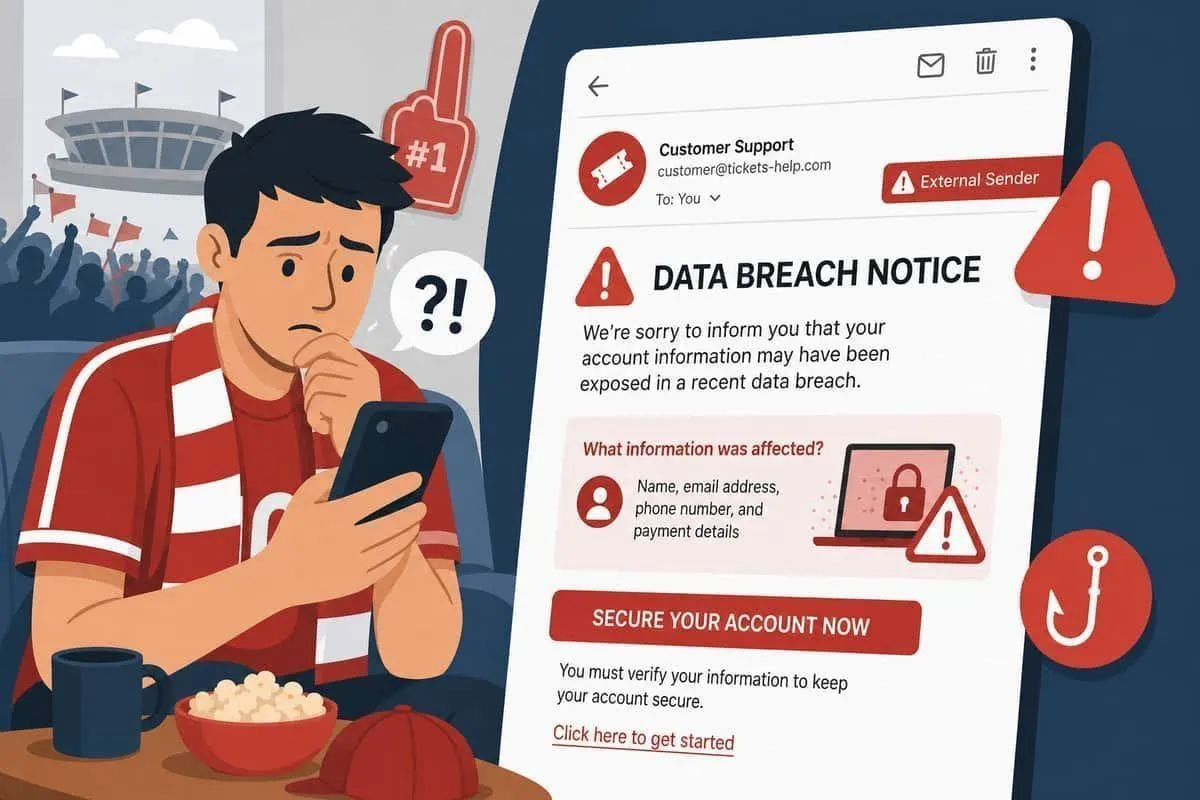 Sports fan receiving fake breach notification and ticket refund phishing message on smartphone