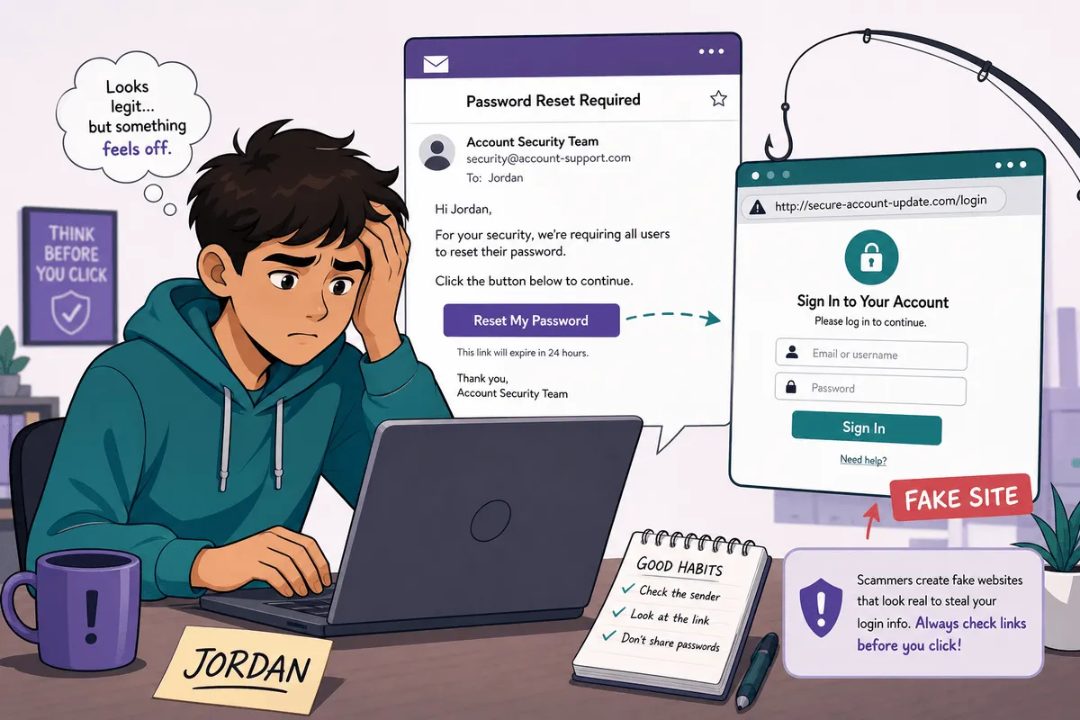 Illustration: employee facing a fake password reset email