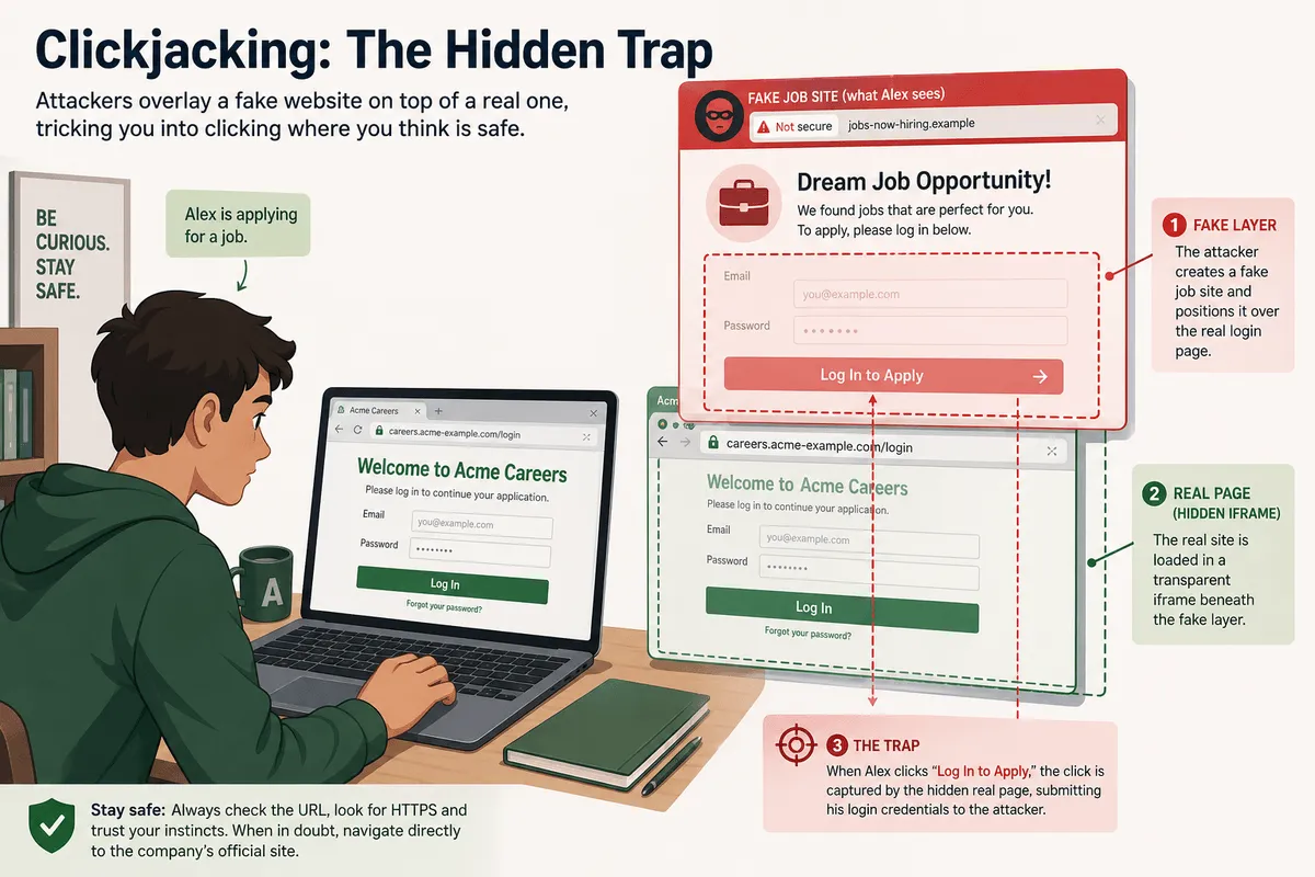 Illustration: job seeker caught in a clickjacking trap on a fake careers page