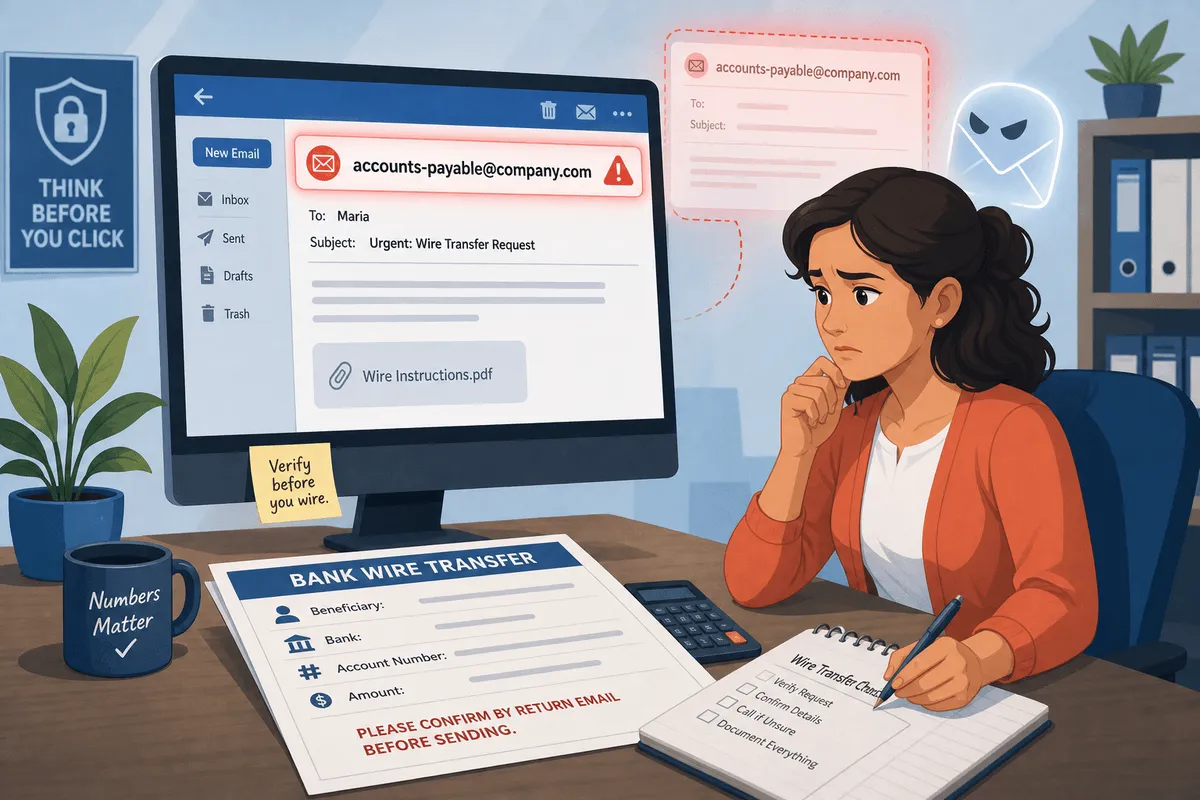 Illustration: accountant reviewing a spoofed vendor payment email