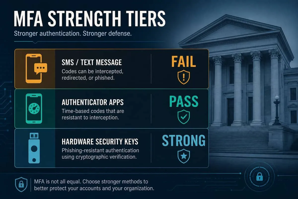 MFA scoreboard tiers: SMS fail, authenticator pass, hardware key strong