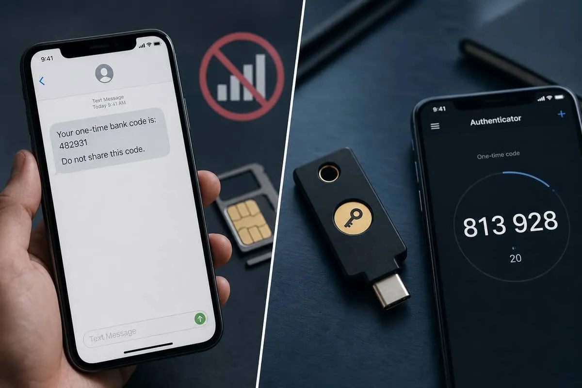SMS bank code on a phone marked weak beside a hardware security key and authenticator app