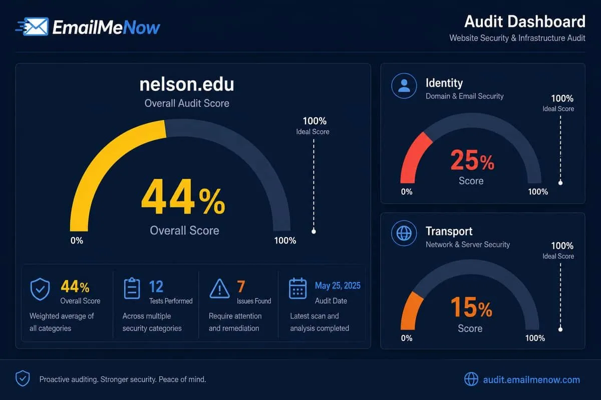 Illustration: nelson.edu audit showing 44% overall with weak identity after Qilin claim
