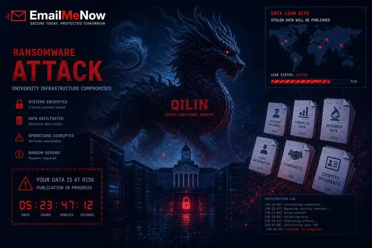 Illustration: regional private university hit by ransomware with student SSN and financial records at risk