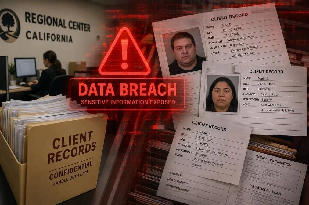 Illustration: regional center client SSN medical records and photos exposed in ransomware breach