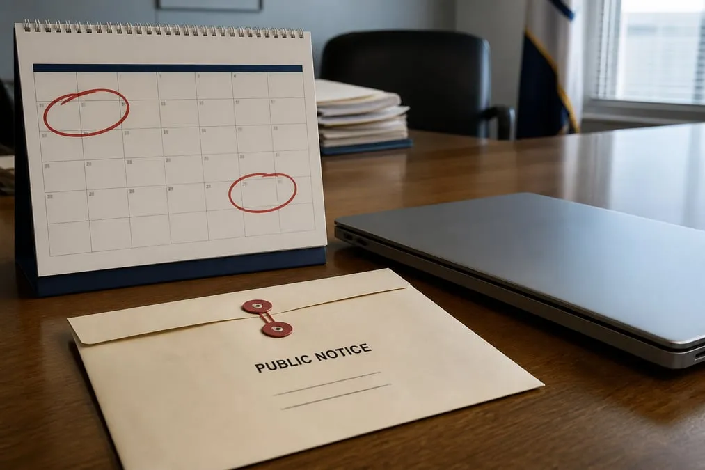 Calendar gap between an August incident date and a later public notice on a municipal desk