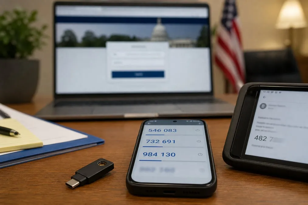 Hardware security key beside phones showing an authenticator code and an email one-time code