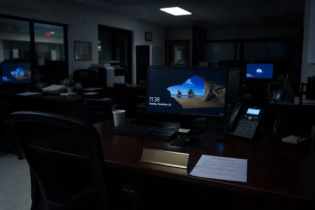 Darkened municipal workstations after a ransomware incident, with a printed notice on the desk