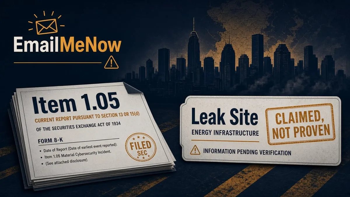 Regulatory filing packet beside a leak-site name card stamped claimed, not proven