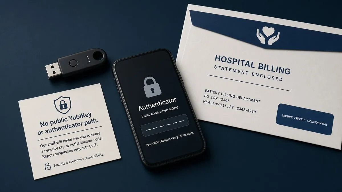 Hardware security key and phone authenticator beside a hospital billing envelope