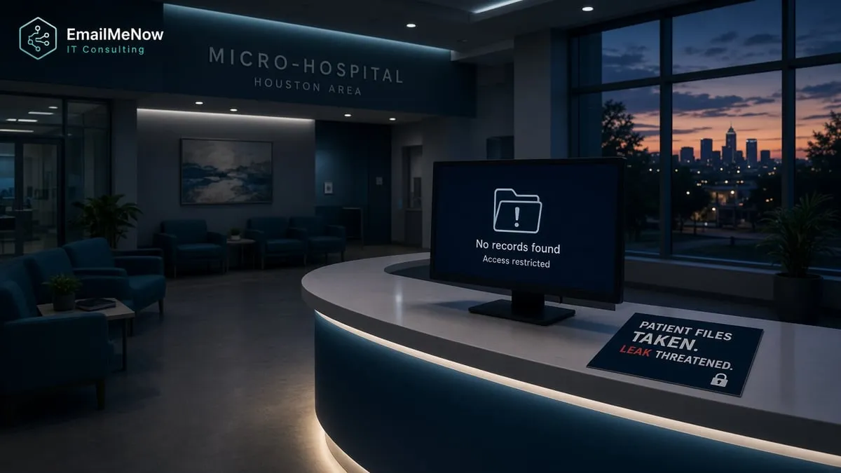 Hospital lobby at dusk with a darkened records monitor showing a missing-files warning