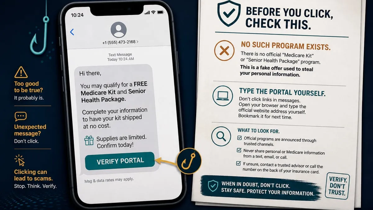 Phone lure offering a fake Medicare Kit beside a printed notice that no such program exists