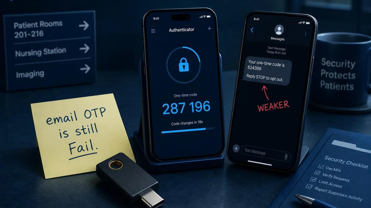Hardware security key beside phones showing an authenticator code and a weaker SMS one-time code