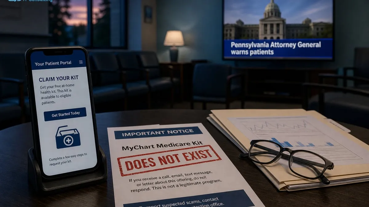 Hospital waiting-room table with a phone showing a fake Medicare Kit lure and a printed notice that no such program exists