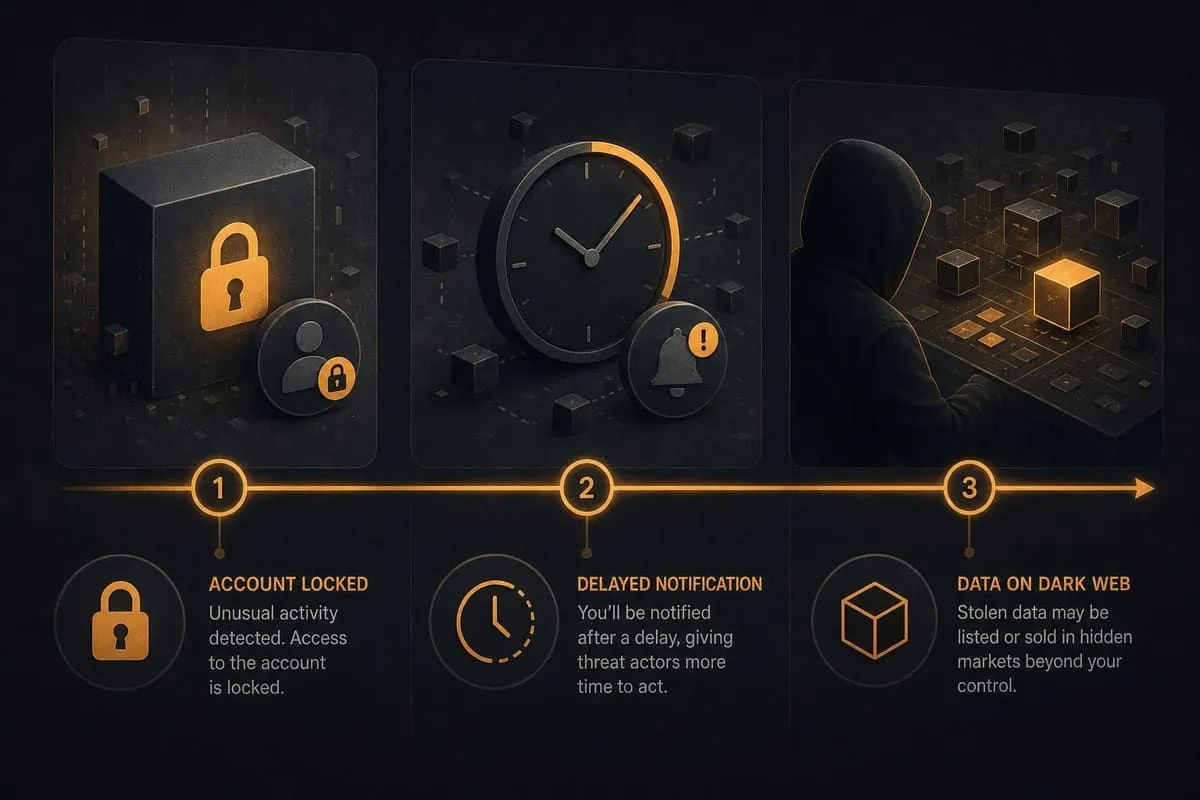 Timeline-style illustration of delayed discovery, account lockouts, and underground marketplace risk after a consumer DNA data incident